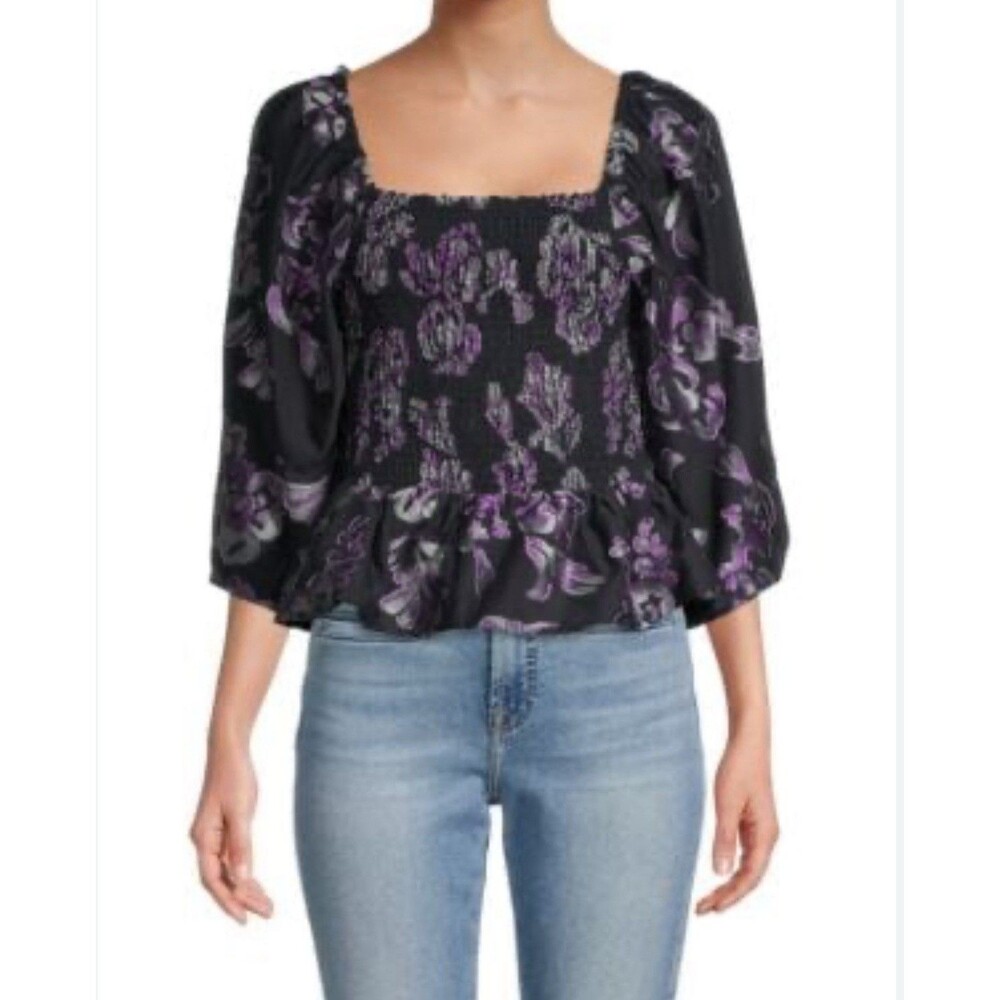Tanya Taylor Emma Smock Crop Top Sz S Square Neck Purple Plum Floral Peasant NWT